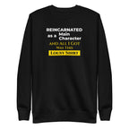 Black sweatshirt with humorous, funny, witty isekai anime text design on a white background