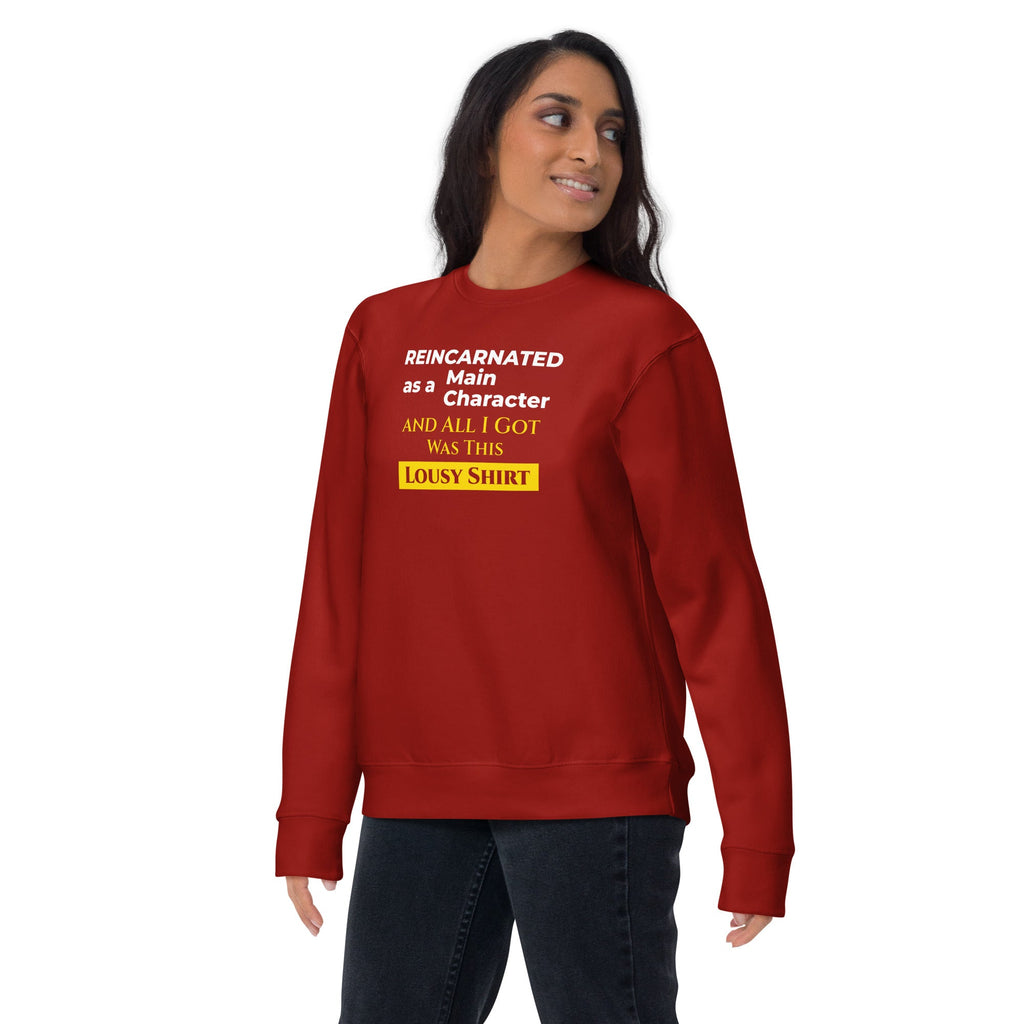 Person wearing a red sweatshirt with funny, witty isekai anime text on a white background