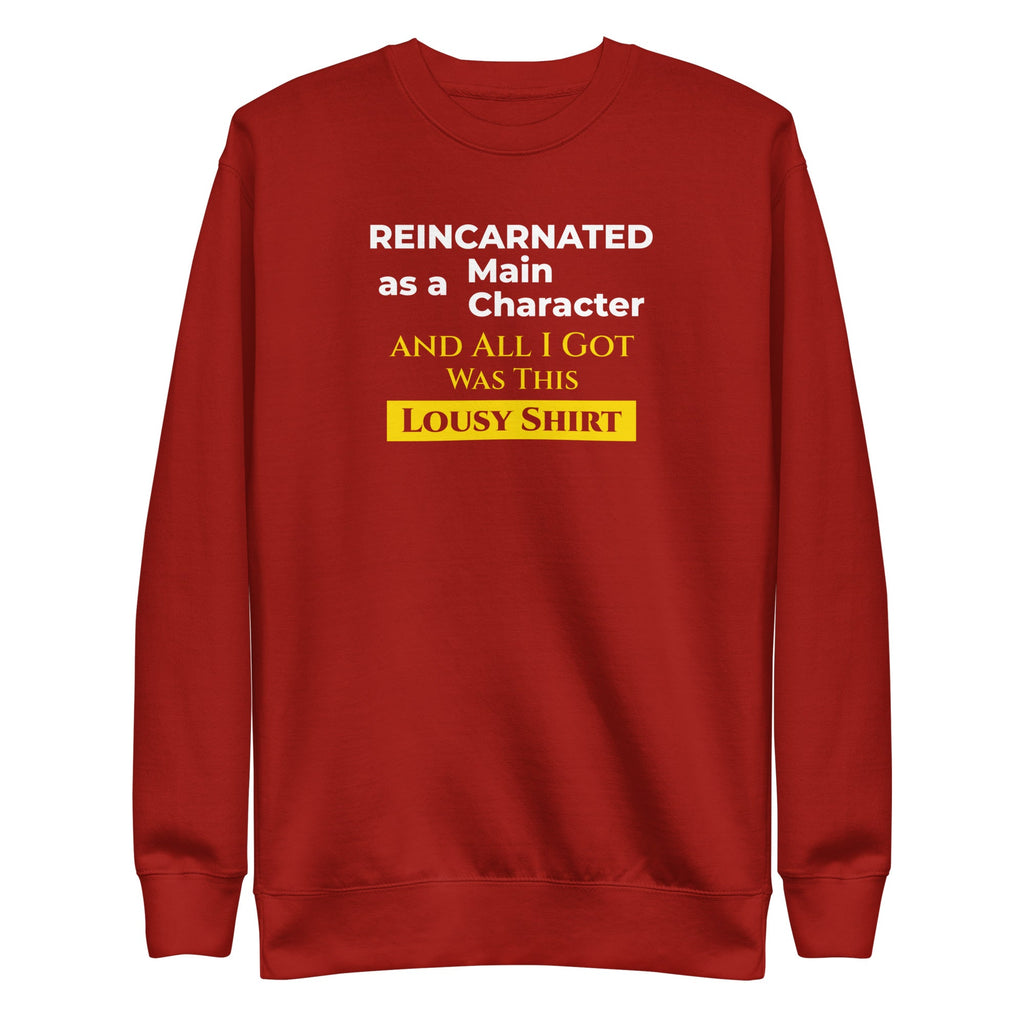 Red sweatshirt with humorous, funny, witty isekai anime text design on a white background