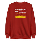 Red sweatshirt with humorous, funny, witty isekai anime text design on a white background