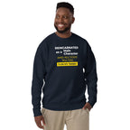 Man wearing a navy sweatshirt with humorous, funny, witty isekai anime text design on a white background