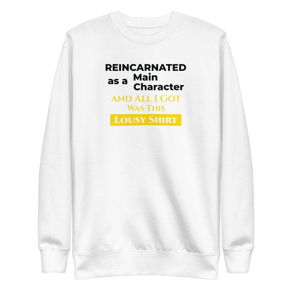 White sweatshirt with humorous, funny, witty isekai anime text design on a white background