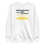 White sweatshirt with humorous, funny, witty isekai anime text design on a white background