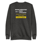 charcoal sweatshirt with humorous, funny, witty isekai anime text design on a white background
