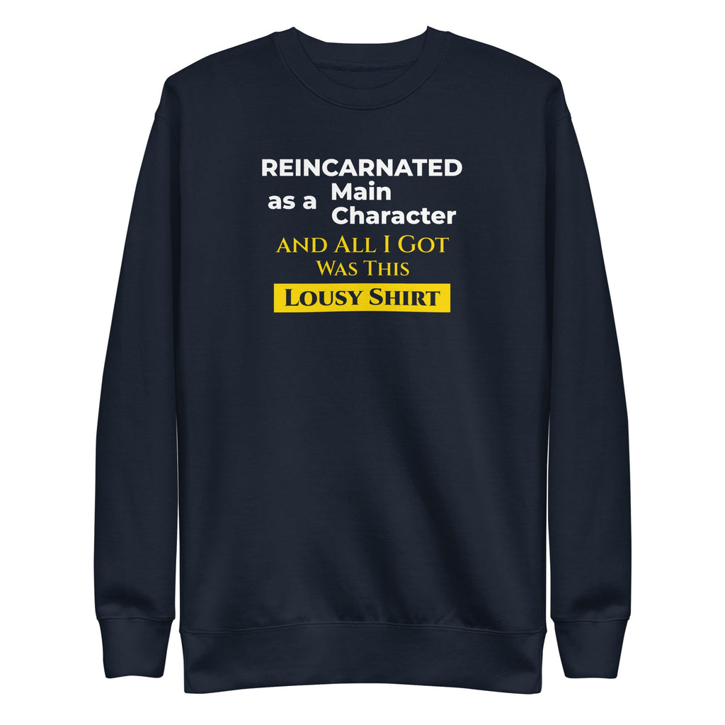 Navy blue sweatshirt with humorous, funny, witty isekai anime text design on a white background