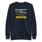 Navy blue sweatshirt with humorous, funny, witty isekai anime text design on a white background