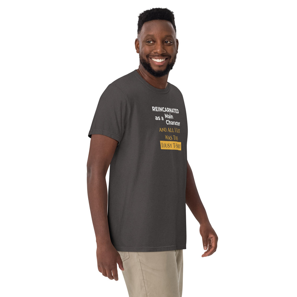 Man wearing a graphite t-shirt with funny, witty isekai anime text on a white background