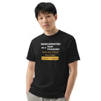 Person wearing a black t-shirt with humorous, funny, witty isekai anime text design on a white background
