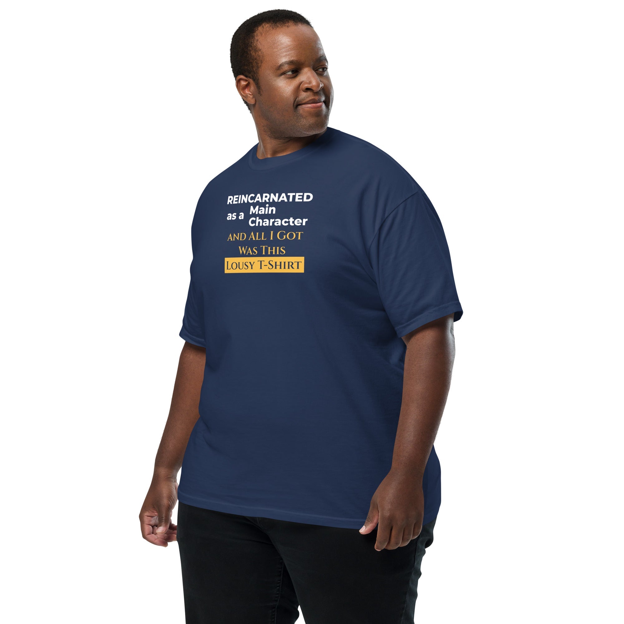 Man wearing a navy blue t-shirt with humorous, funny, witty isekai anime text design on a white background