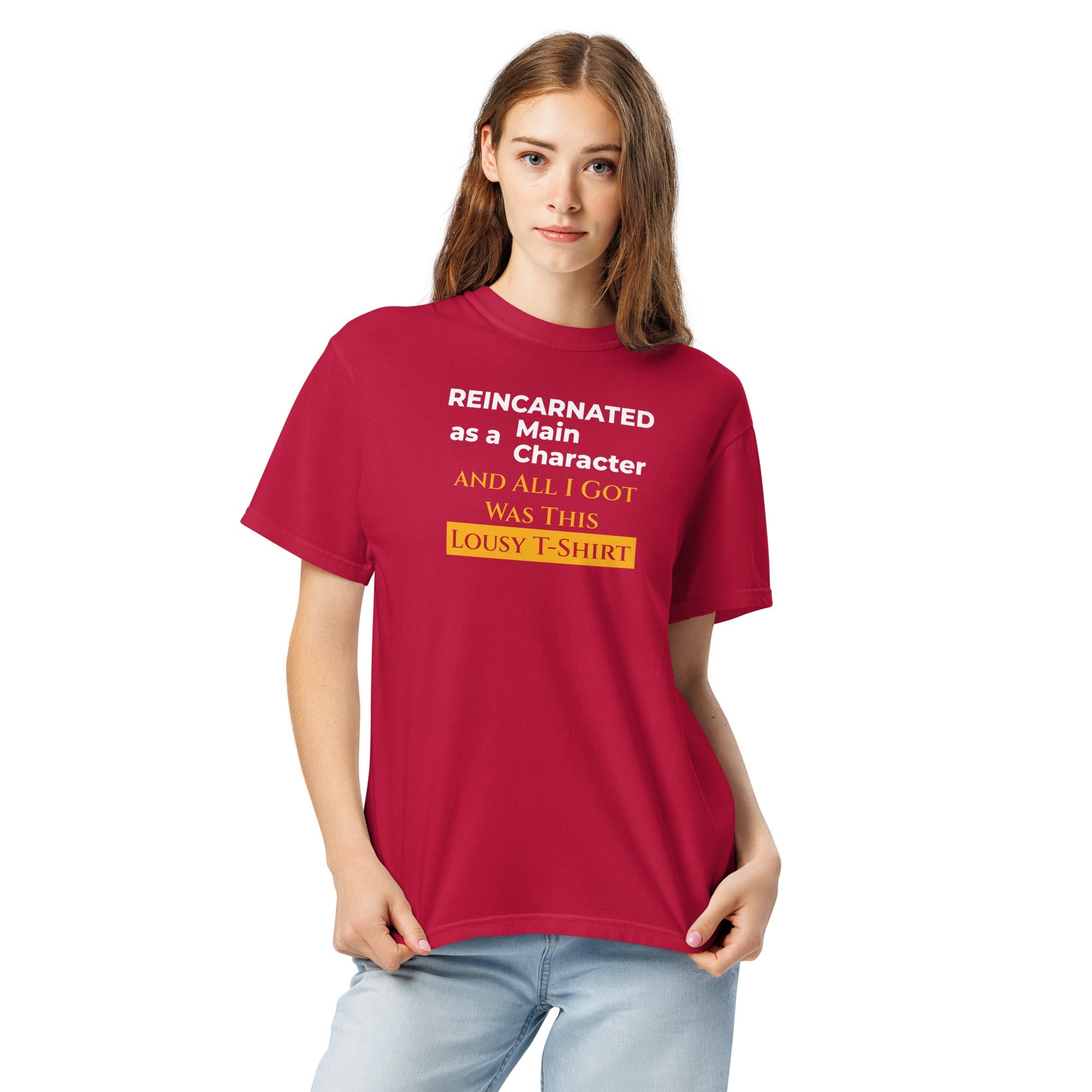 Person wearing a red t-shirt with humorous, funny, witty isekai anime text design on a white background