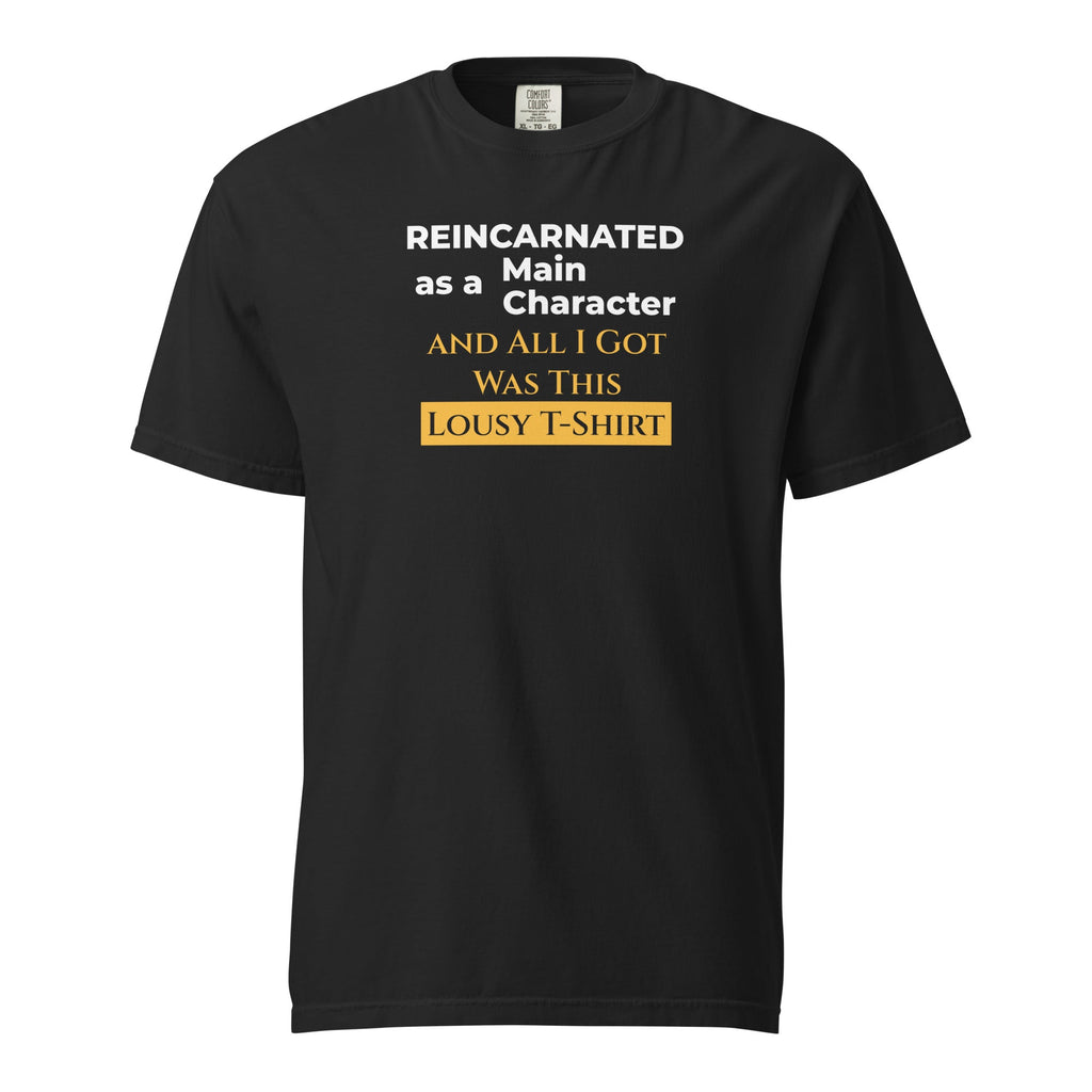 Black t-shirt with humorous, funny, witty isekai anime text design on a white background