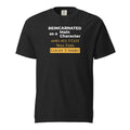 Black t-shirt with humorous, funny, witty isekai anime text design on a white background