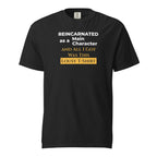 Black t-shirt with humorous, funny, witty isekai anime text design on a white background