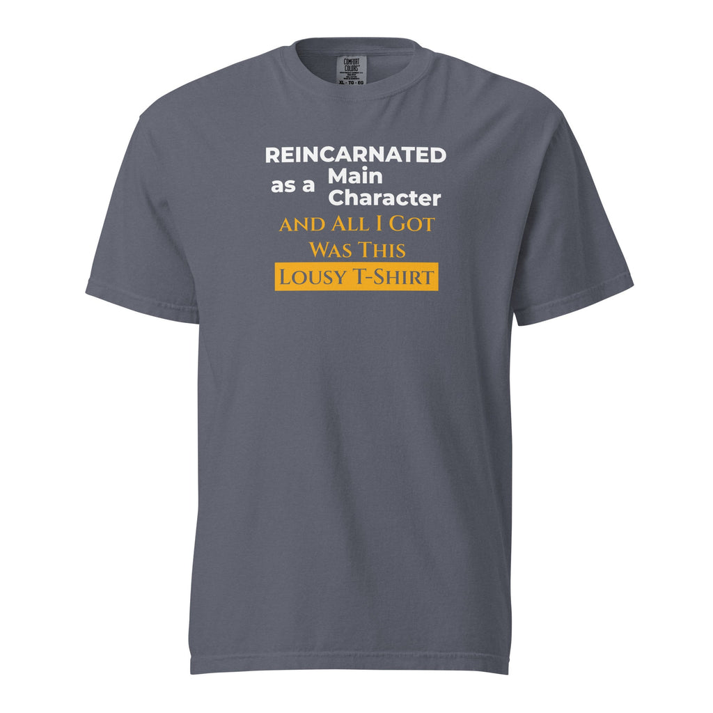 Denim t-shirt with humorous, funny, witty isekai anime text design on a white background