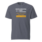 Denim t-shirt with humorous, funny, witty isekai anime text design on a white background