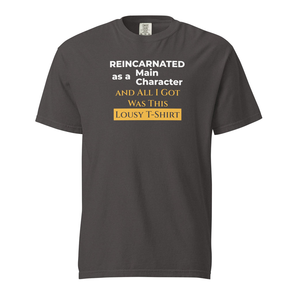 Graphite t-shirt with humorous, funny, witty isekai anime text design on a white background
