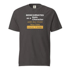 Graphite t-shirt with humorous, funny, witty isekai anime text design on a white background