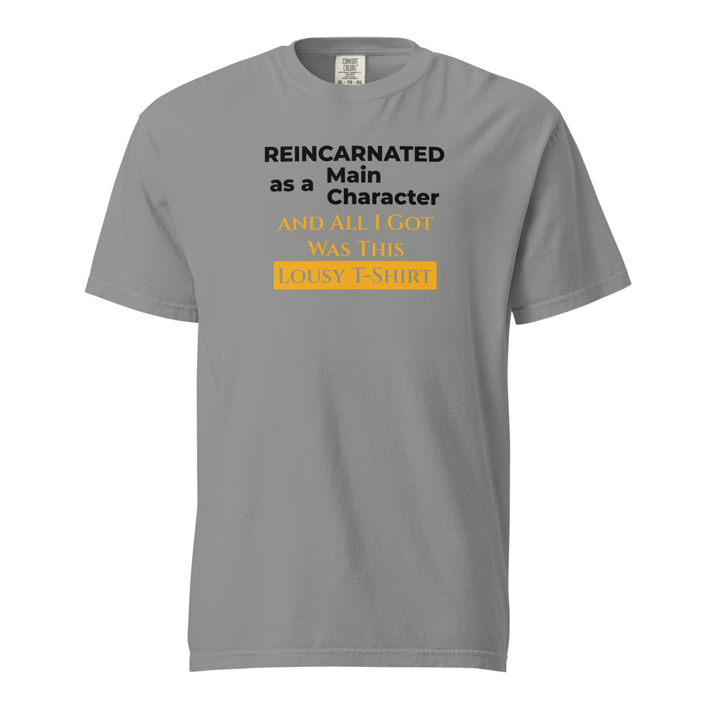 Gray t-shirt with humorous, funny, witty isekai anime text design on a white background