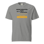 Gray t-shirt with humorous, funny, witty isekai anime text design on a white background