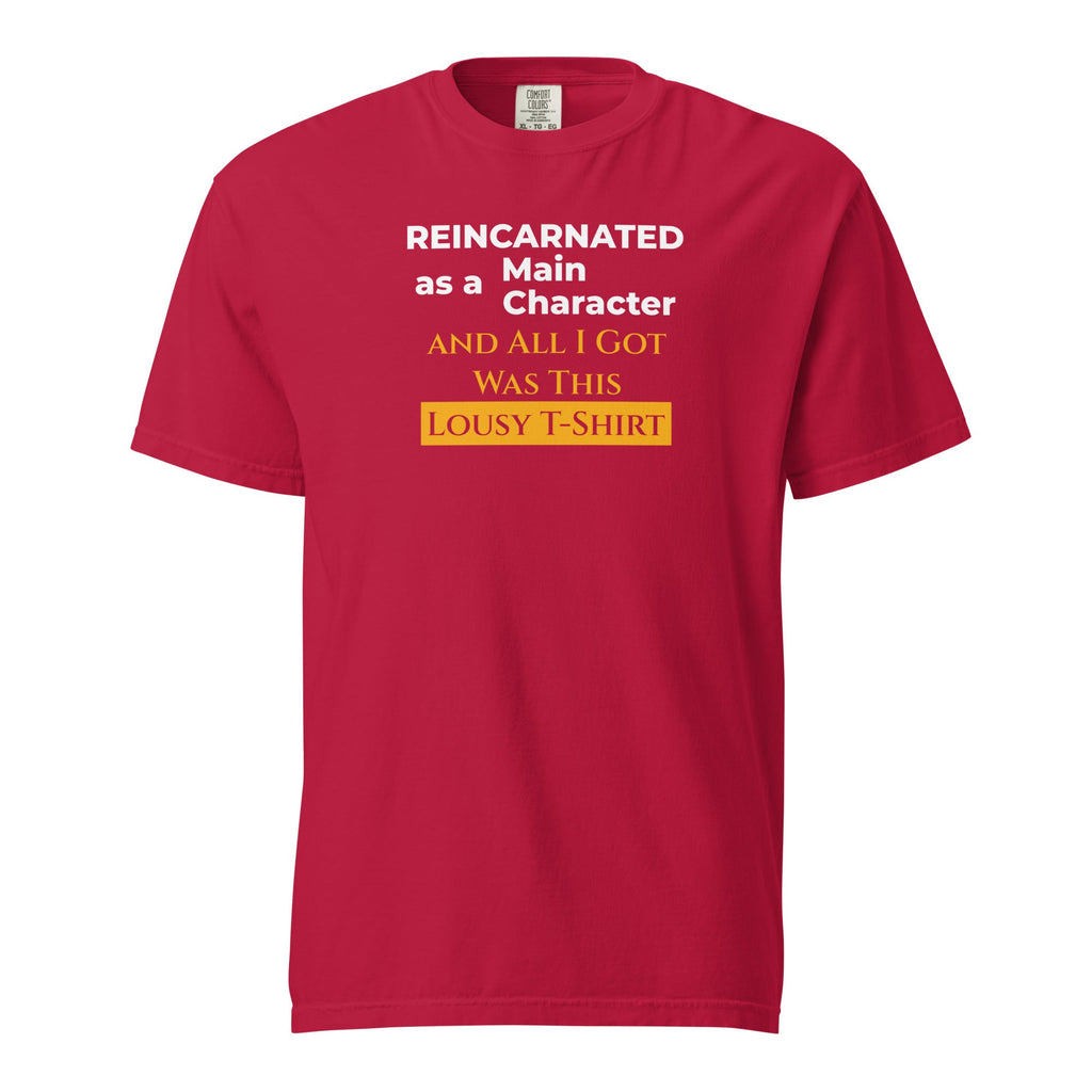 Red t-shirt with humorous, funny, witty isekai anime text on a white background