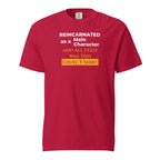Red t-shirt with humorous, funny, witty isekai anime text on a white background