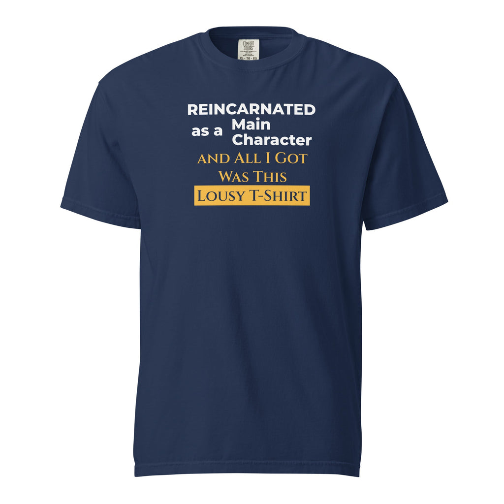 Navy blue t-shirt with humorous, funny, witty isekai anime text design on a white background