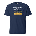 Navy blue t-shirt with humorous, funny, witty isekai anime text design on a white background
