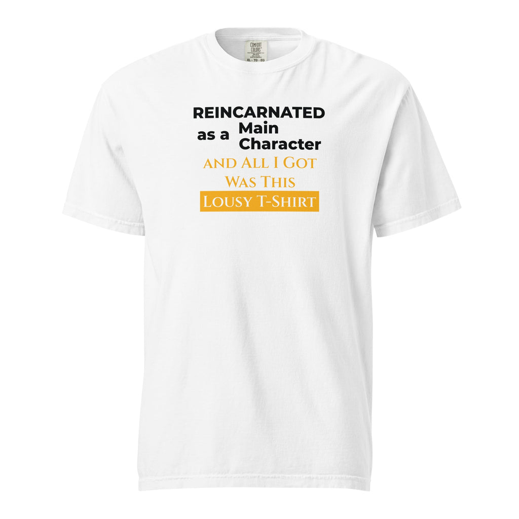 White t-shirt with humorous, funny, witty isekai anime text design on a white background