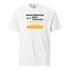 White t-shirt with humorous, funny, witty isekai anime text design on a white background