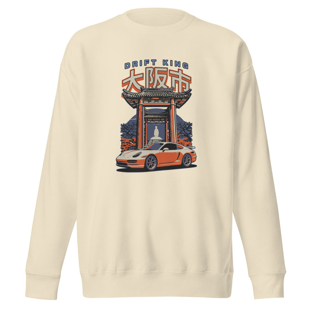 bone colored sweatshirt with a Drift King Japanese Porsche Car Graphic design against a white background