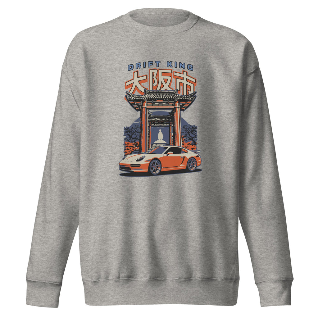 sport grey sweatshirt with a Drift King Japanese Porsche Car Graphic design against a white background