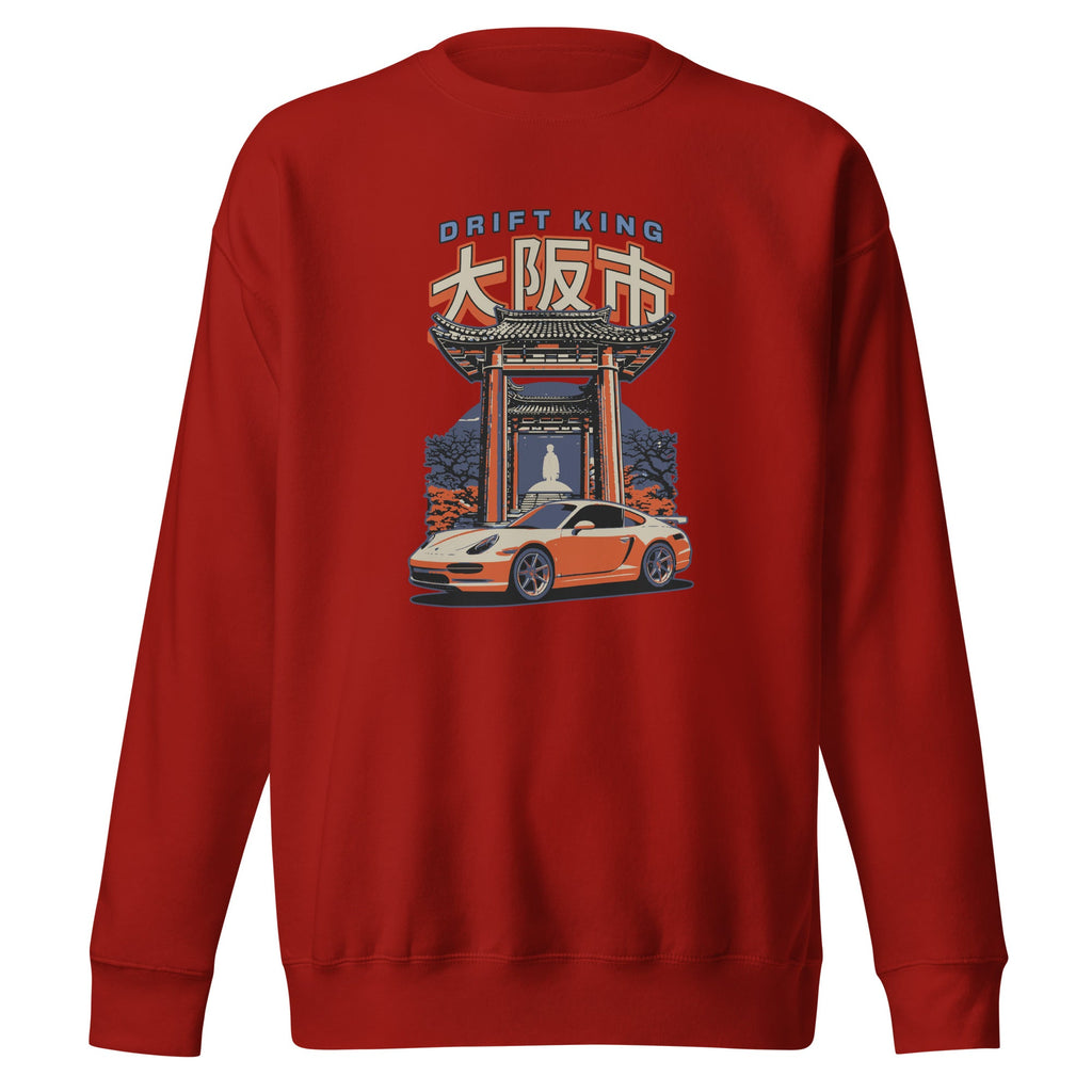cardinal red sweatshirt with a Drift King Japanese Porsche Car Graphic design against a white background