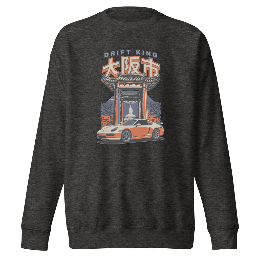 charcoal heather sweatshirt with a Drift King Japanese Porsche Car Graphic design against a white background