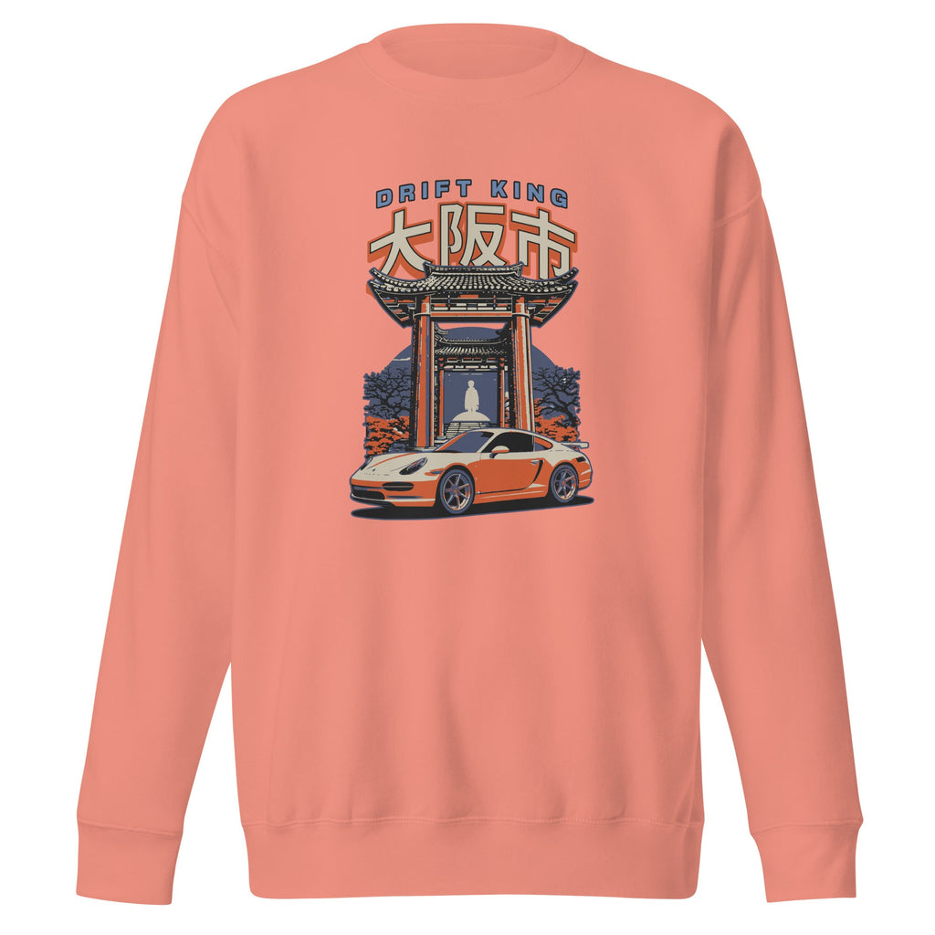 dusty rose sweatshirt with a Drift King Japanese Porsche Car Graphic design against a white background