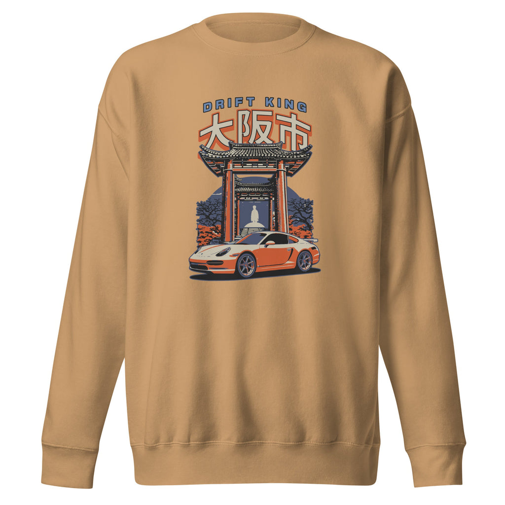 khaki sweatshirt with a Drift King Japanese Porsche Car Graphic design against a white background