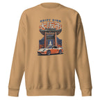 khaki sweatshirt with a Drift King Japanese Porsche Car Graphic design against a white background