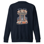 navy sweatshirt with a Drift King Japanese Porsche Car Graphic design against a white background