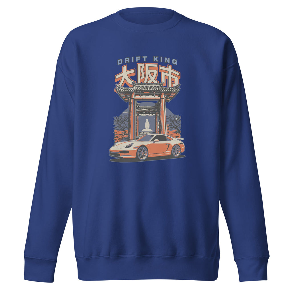 blue sweatshirt with a Drift King Japanese Porsche Car Graphic design against a white background
