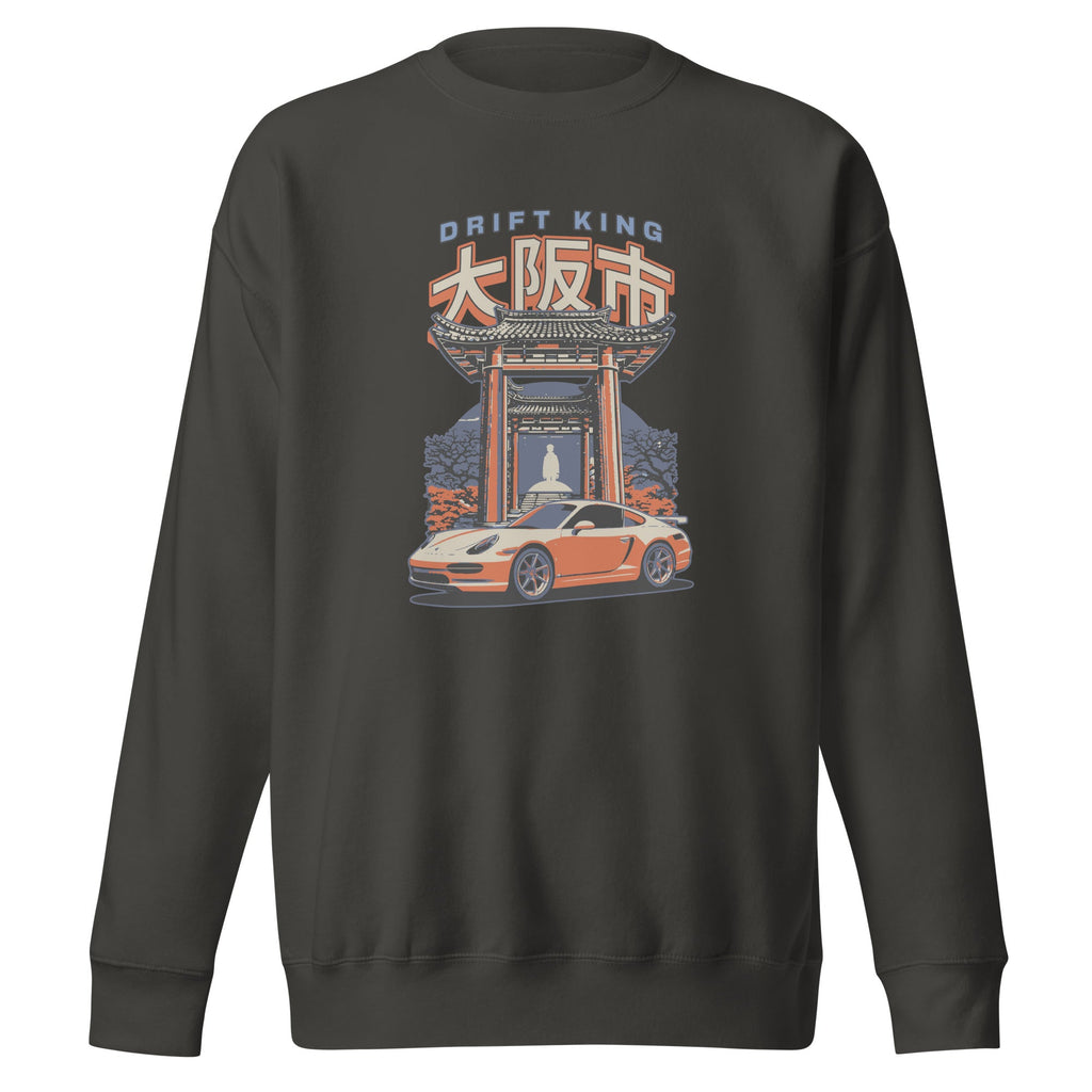 vintage black sweatshirt with a Drift King Japanese Porsche Car Graphic design against a white background