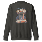 vintage black sweatshirt with a Drift King Japanese Porsche Car Graphic design against a white background
