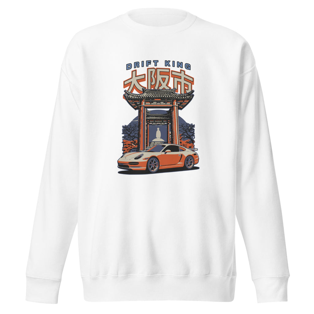 white sweatshirt with a Drift King Japanese Porsche Car Graphic design against a white background