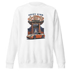 white sweatshirt with a Drift King Japanese Porsche Car Graphic design against a white background