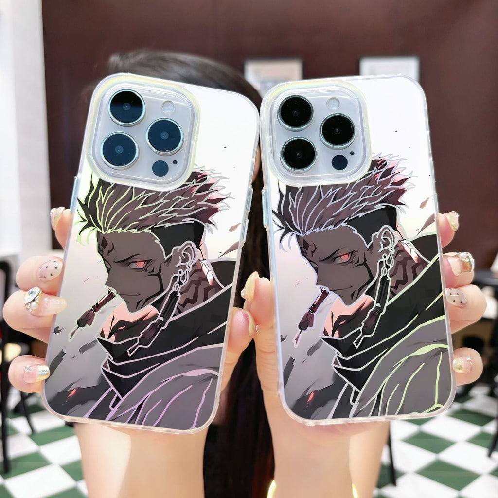Two phone cases with an anime Jujutsu Kaisen Ryoma character design held by a person.