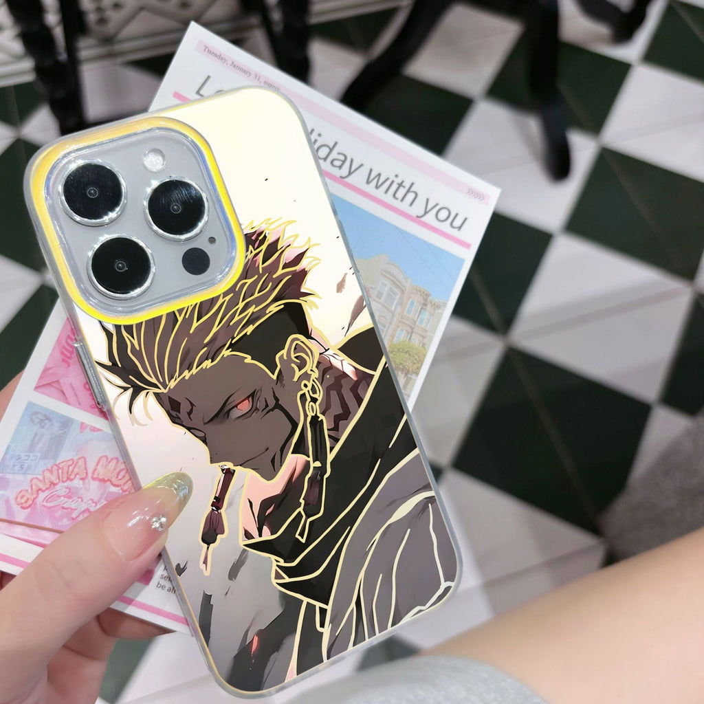 Phone case with anime Jujutsu Kaisen Ryoma character design held by a person on a checkered floor.