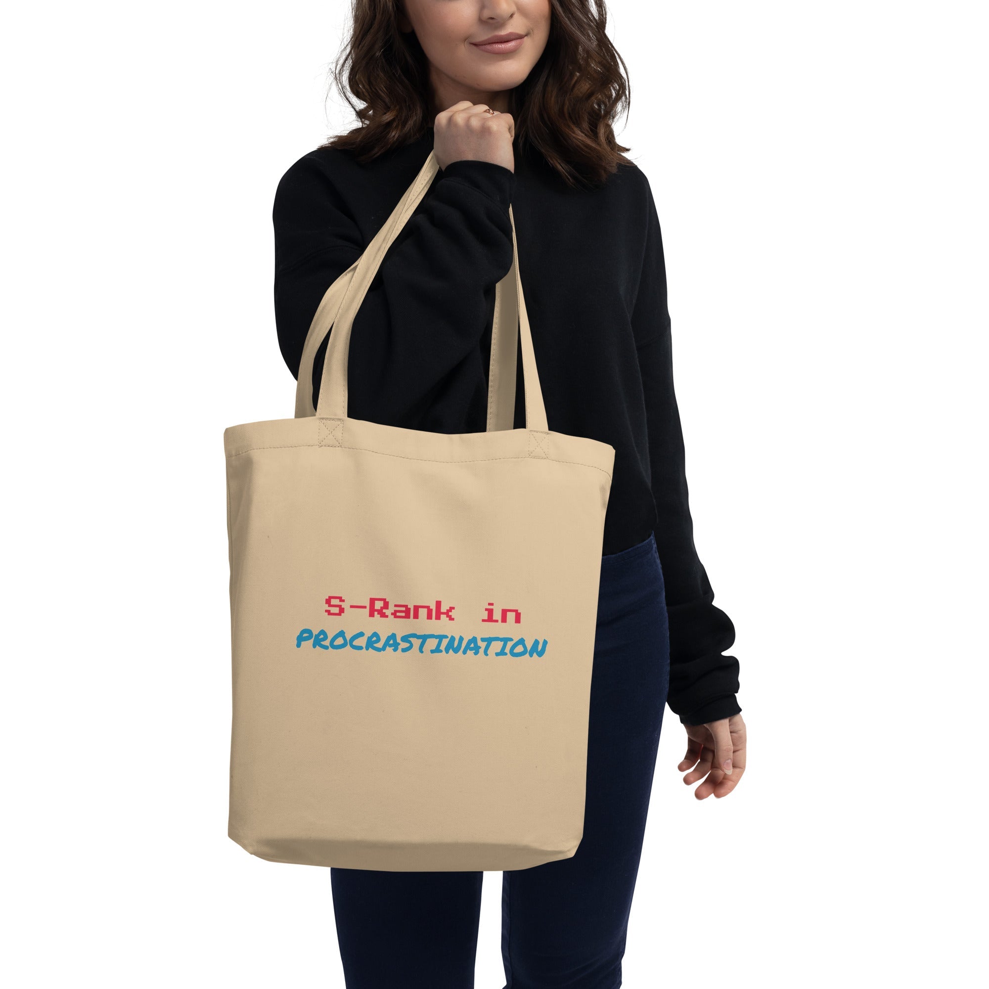 Person holding a beige tote bag with isekai witty text on a white background