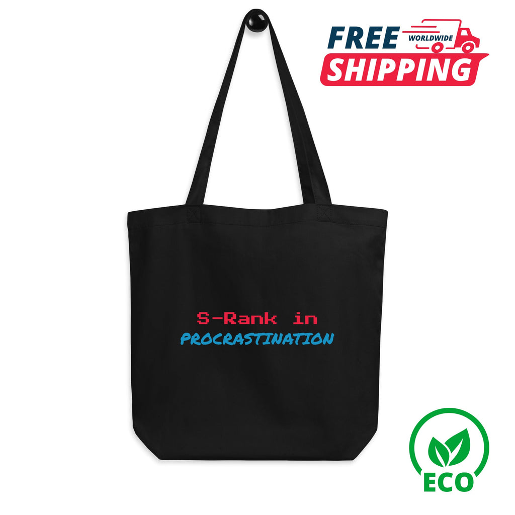 Black tote bag with text 'S-Rank in Procrastination' on a white background, featuring free shipping and eco-friendly icons.