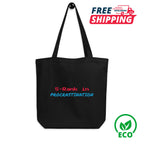 Black tote bag with text 'S-Rank in Procrastination' on a white background, featuring free shipping and eco-friendly icons.