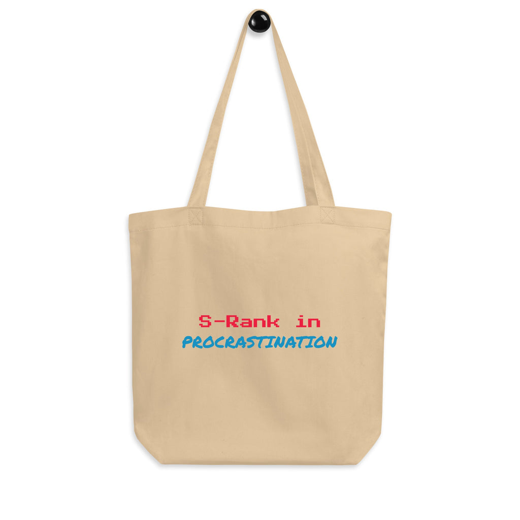 Beige tote bag with text 'S-Rank in PROCASTINATION' on a white background