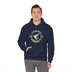 Man wearing a navy hoodie with a graphic design on a white background