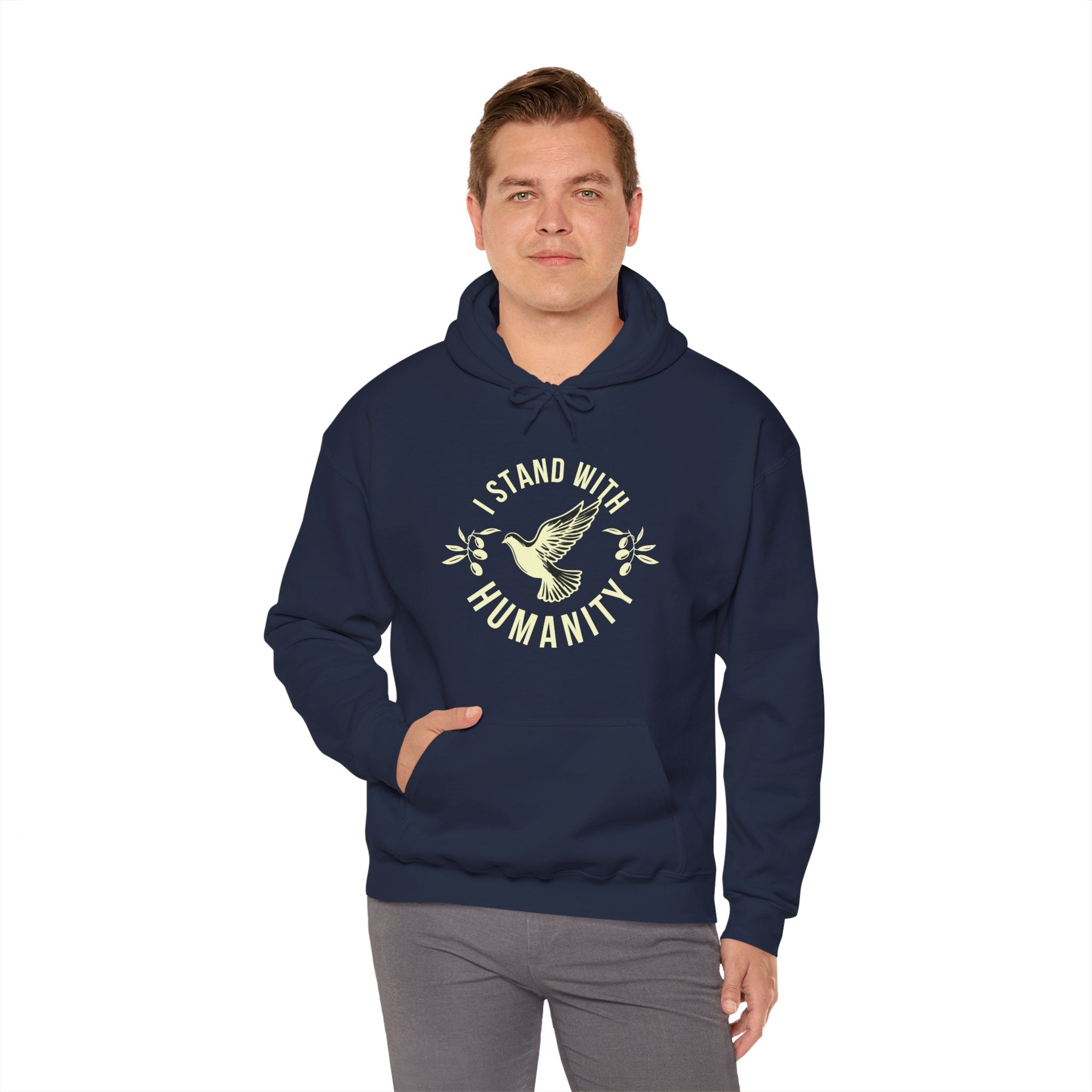 Man wearing a navy hoodie with a graphic design on a white background